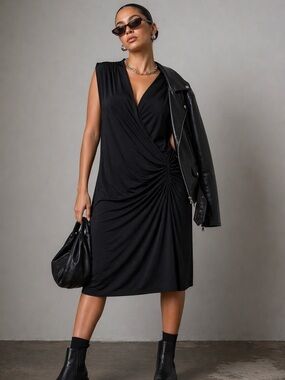 Norma Kamali Draped Wrap Dress XL Black Ruched Side V Neck Stretch Jersey Cockta